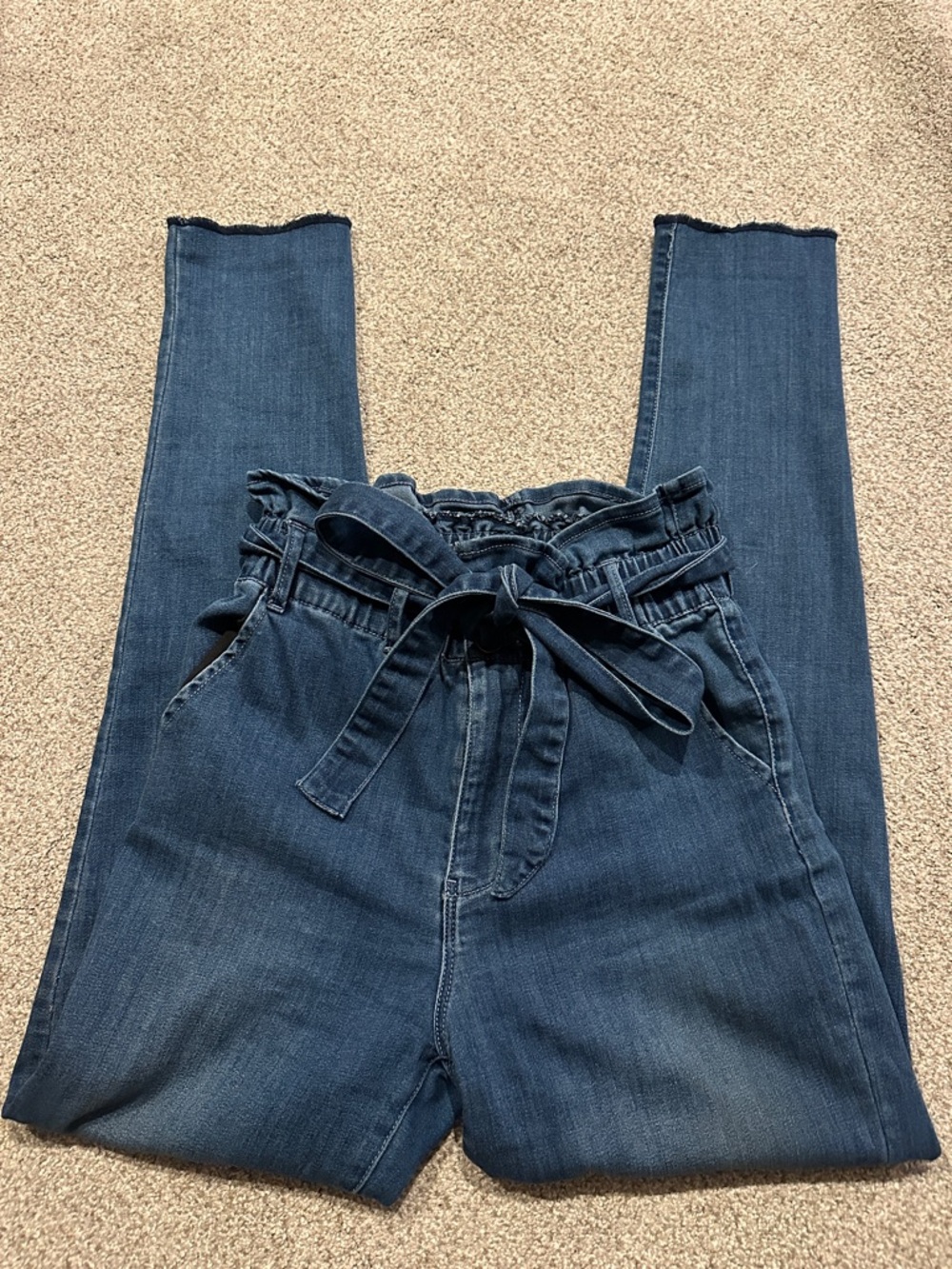 Women’s Paperbag Waist Dark Blue stretch Jeans with Tie Belt